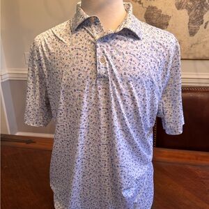 Peter Millar White and Blue Patterned Polo Summer Comfort Shirt Sz Medium